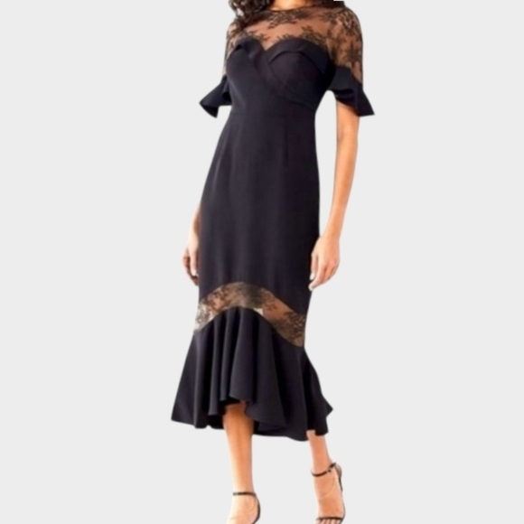 Marchesa Notte dress women's sz 0 black tan maxi sheer sexy Gypsy Witchy Lace - Picture 2 of 14